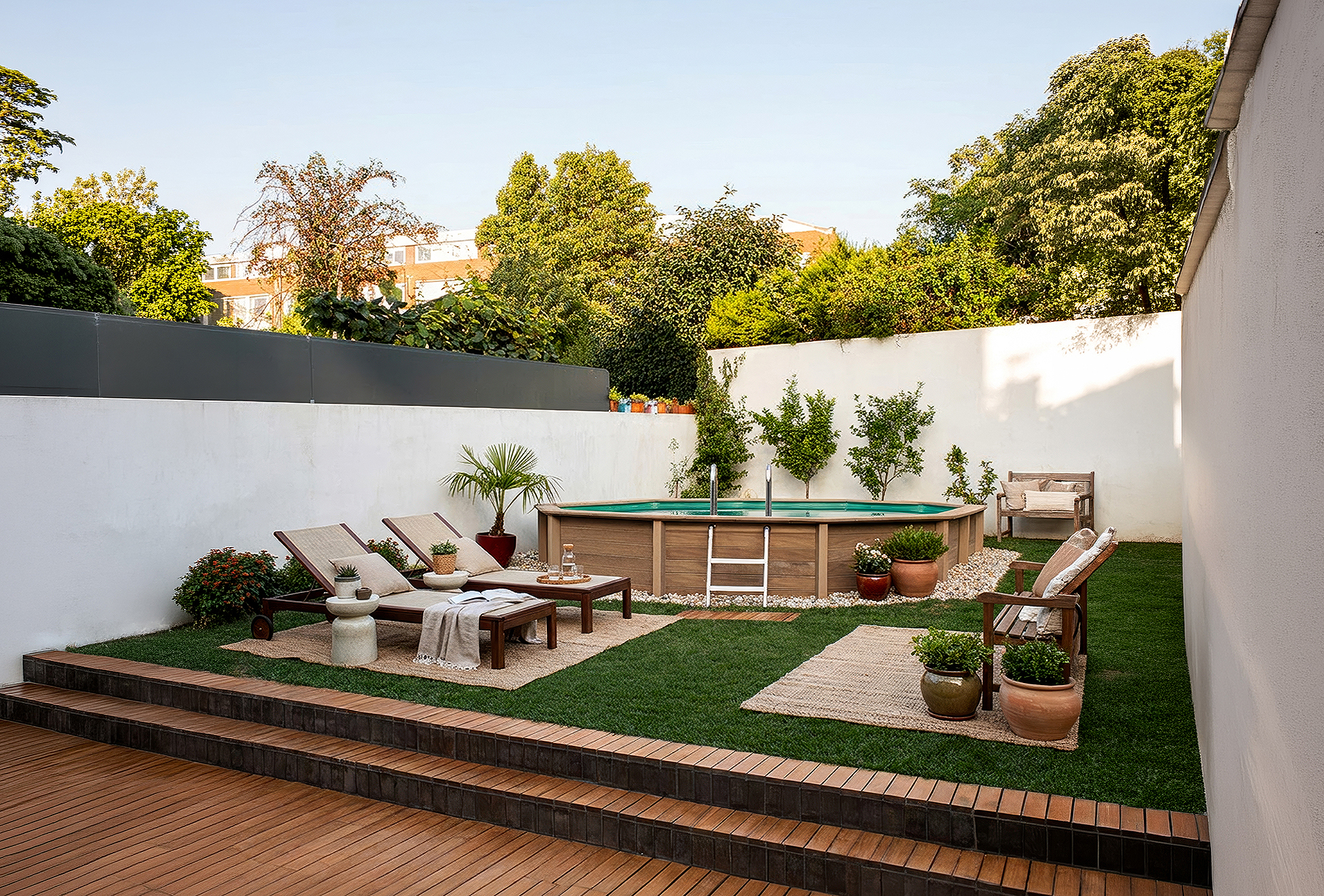 Naturalis concrete swimming pool with a wood-effect finish, set within a garden